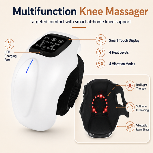 Multifunctional knee massager with USB charging port, smart touch display, and various features on a beige background.
