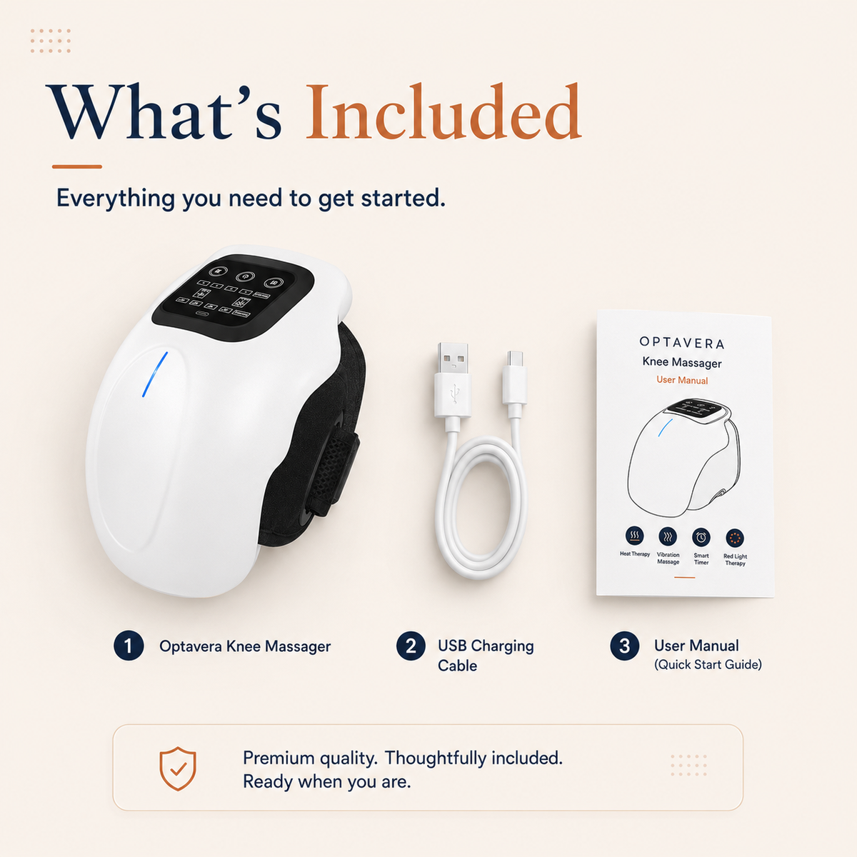 Optavera knee massager with USB charging cable and user manual on a beige background