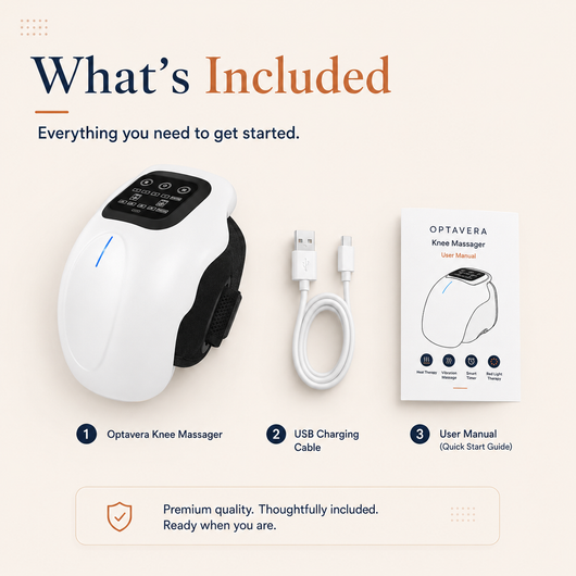 Optavera knee massager with USB charging cable and user manual on a beige background